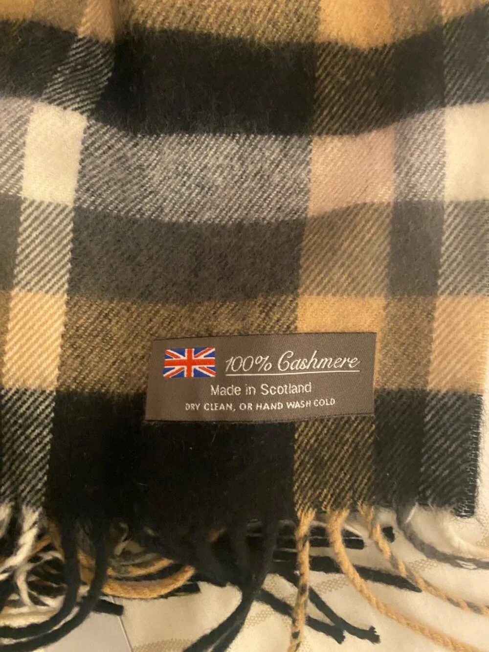 Made in Scotland 100% Cashmere Plaid Scarf 69” x 12” camel, cream, grey, blk